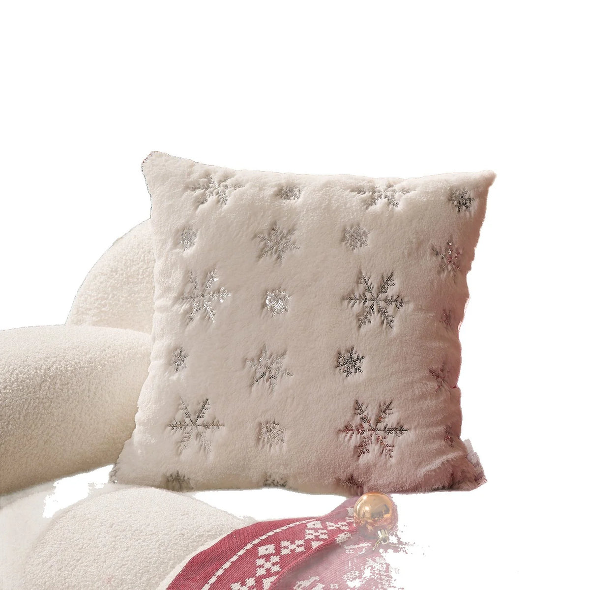 Accent Pillow Cover Faux-Fur Embroidered Sequin Snowflakes