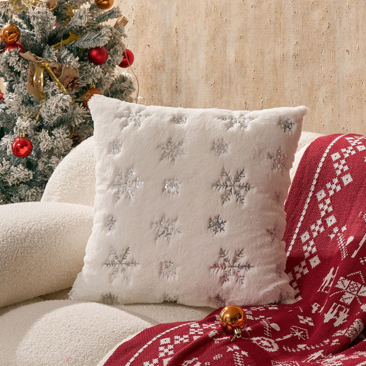 Accent Pillow Cover Faux-Fur Embroidered Sequin Snowflakes