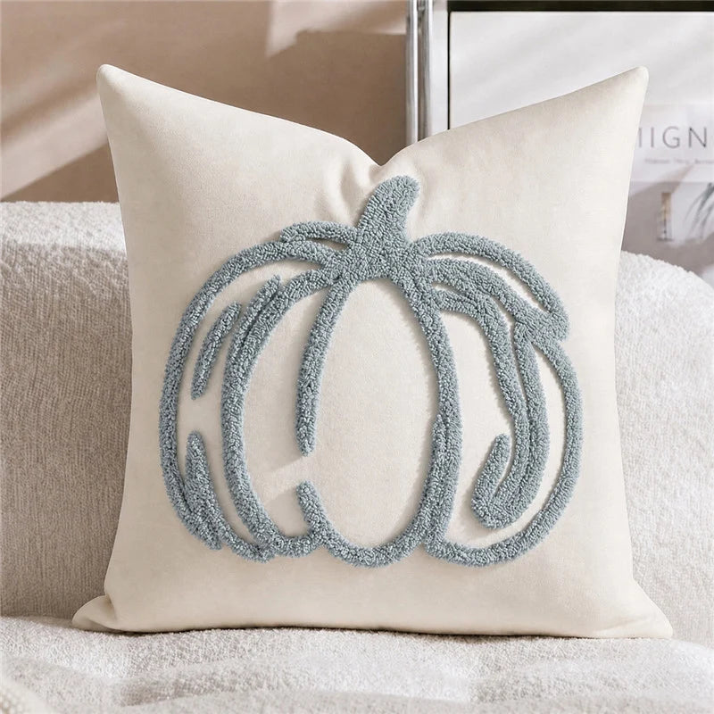 Accent Pillow Cover Hand-Embroidered Chenille Pumpkin Linen-Feel