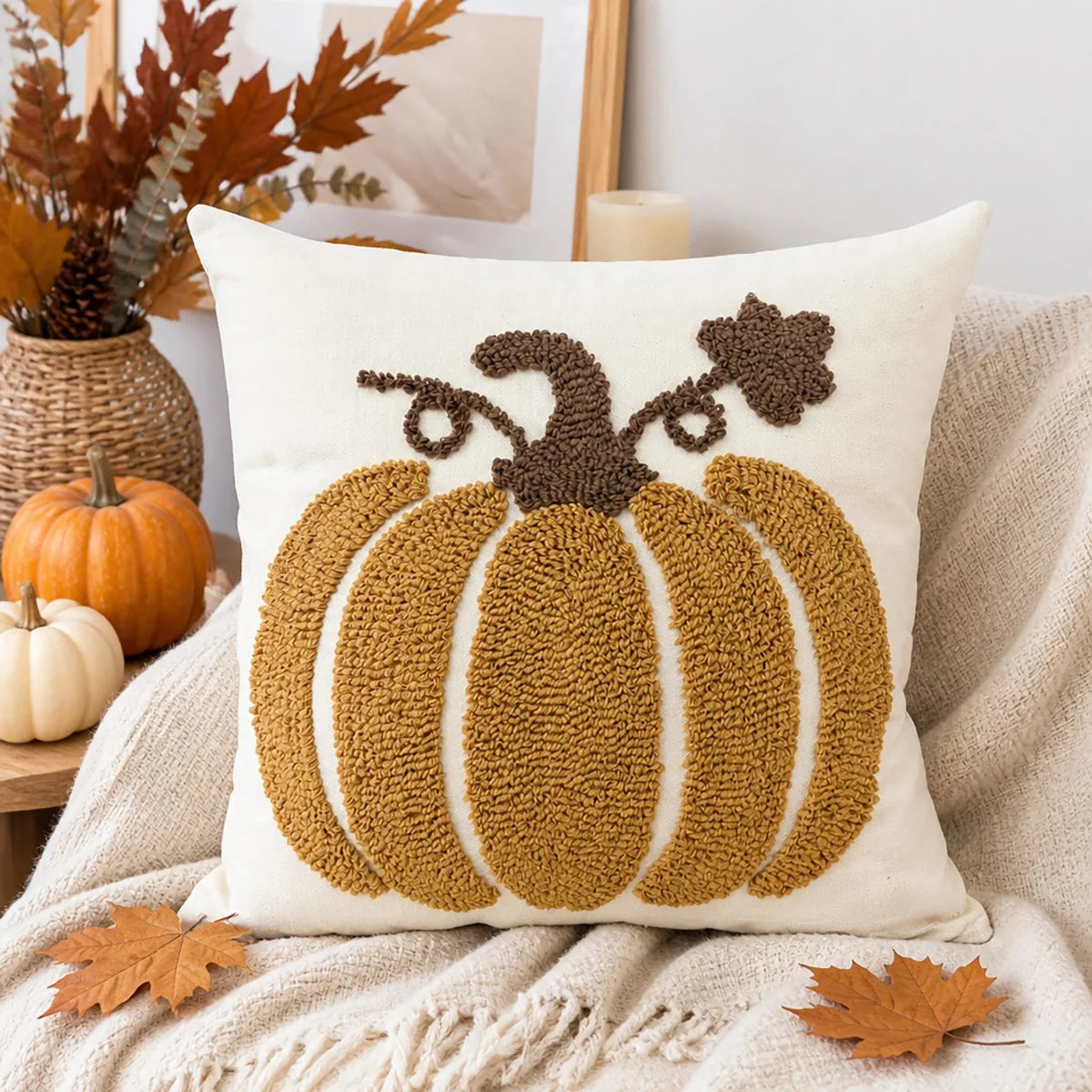 Accent Pillow Cover Hand-Embroidered Chenille Pumpkin Linen-Feel