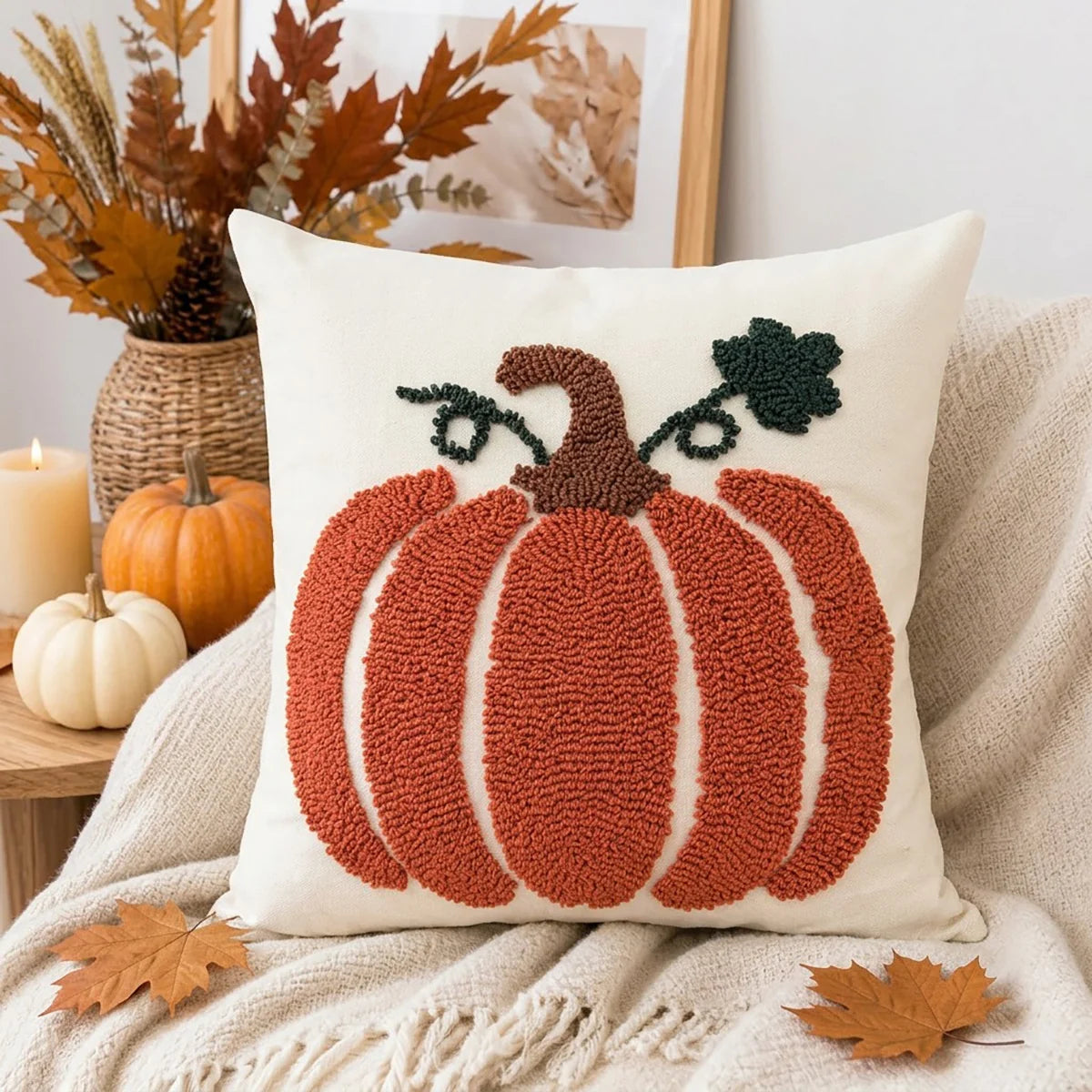 Accent Pillow Cover Hand-Embroidered Chenille Pumpkin Linen-Feel