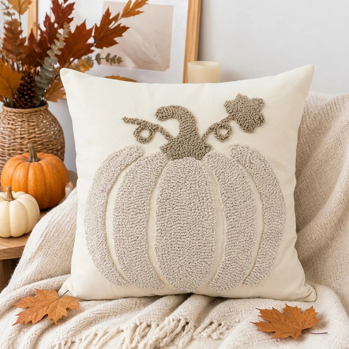Accent Pillow Cover Hand-Embroidered Chenille Pumpkin Linen-Feel