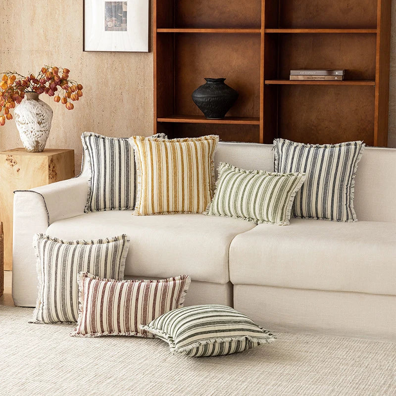 Accent Pillow Handwoven Cotton Fringed Stripe Removable Cover
