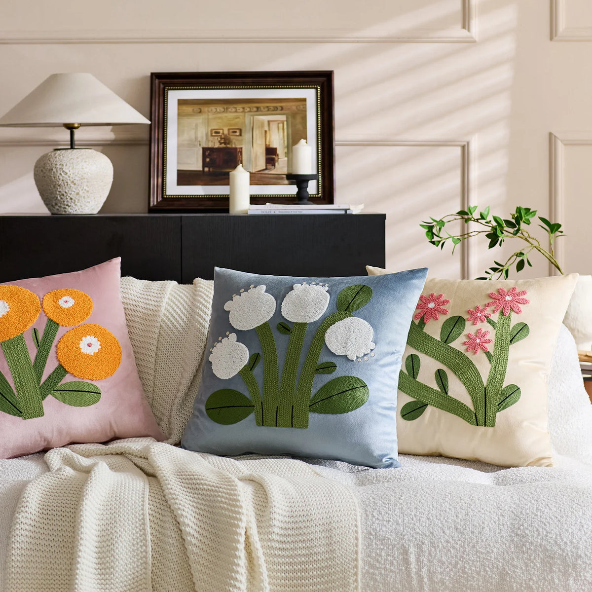 Accent Pillow Velvet Cover Hand-Appliquéd Tufted Floral