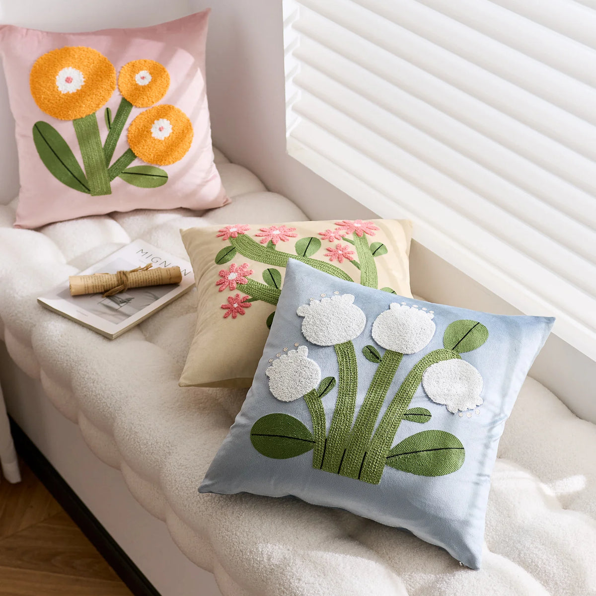 Accent Pillow Velvet Cover Hand-Appliquéd Tufted Floral