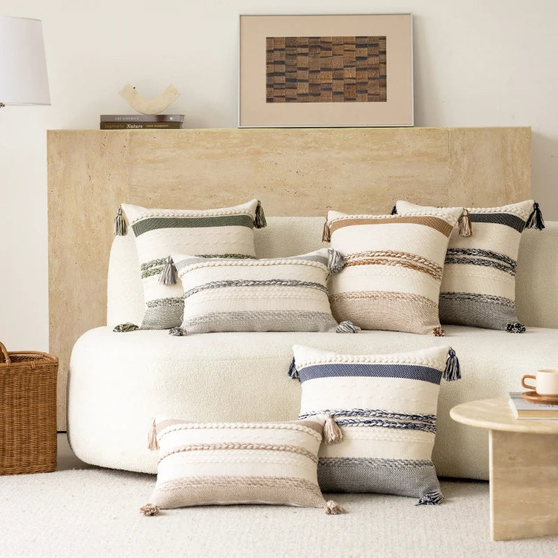 Accent Pillow Woven Cotton Braided Rope & Knotted Tassels