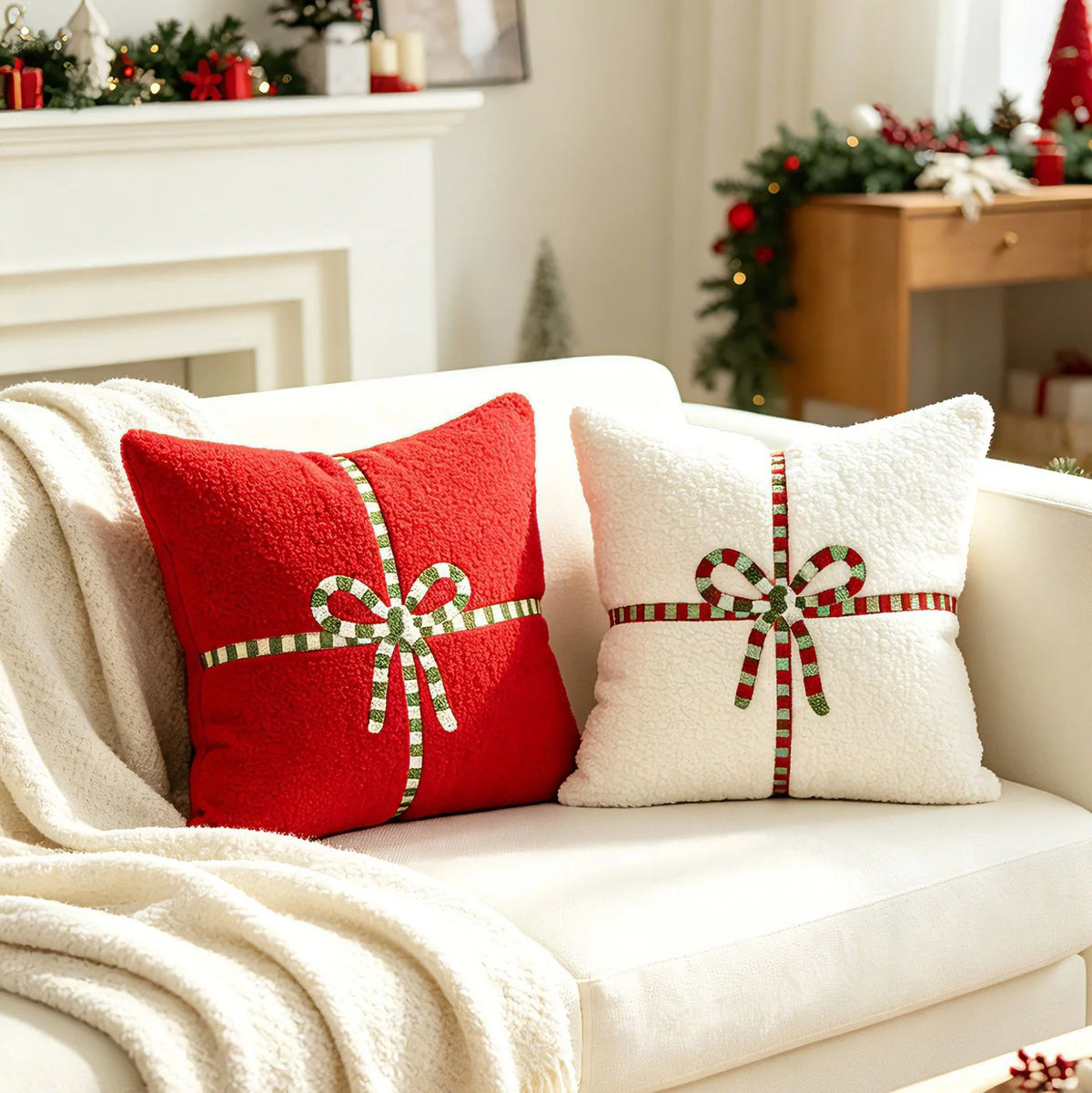 Accent Throw Pillow Sherpa Cover & Embroidered Bow