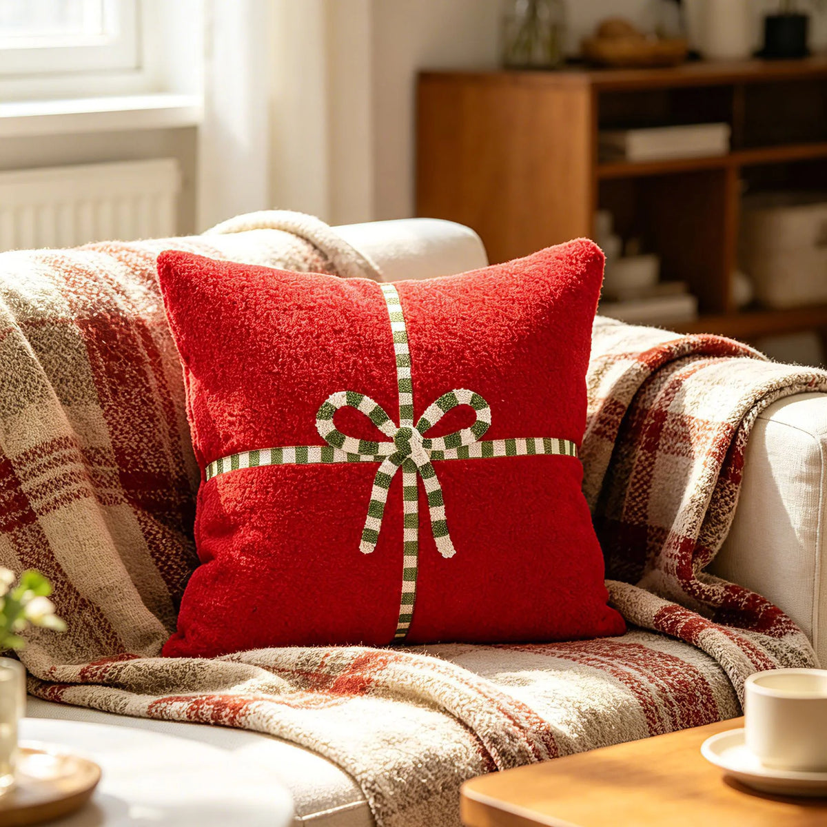 Accent Throw Pillow Sherpa Cover & Embroidered Bow