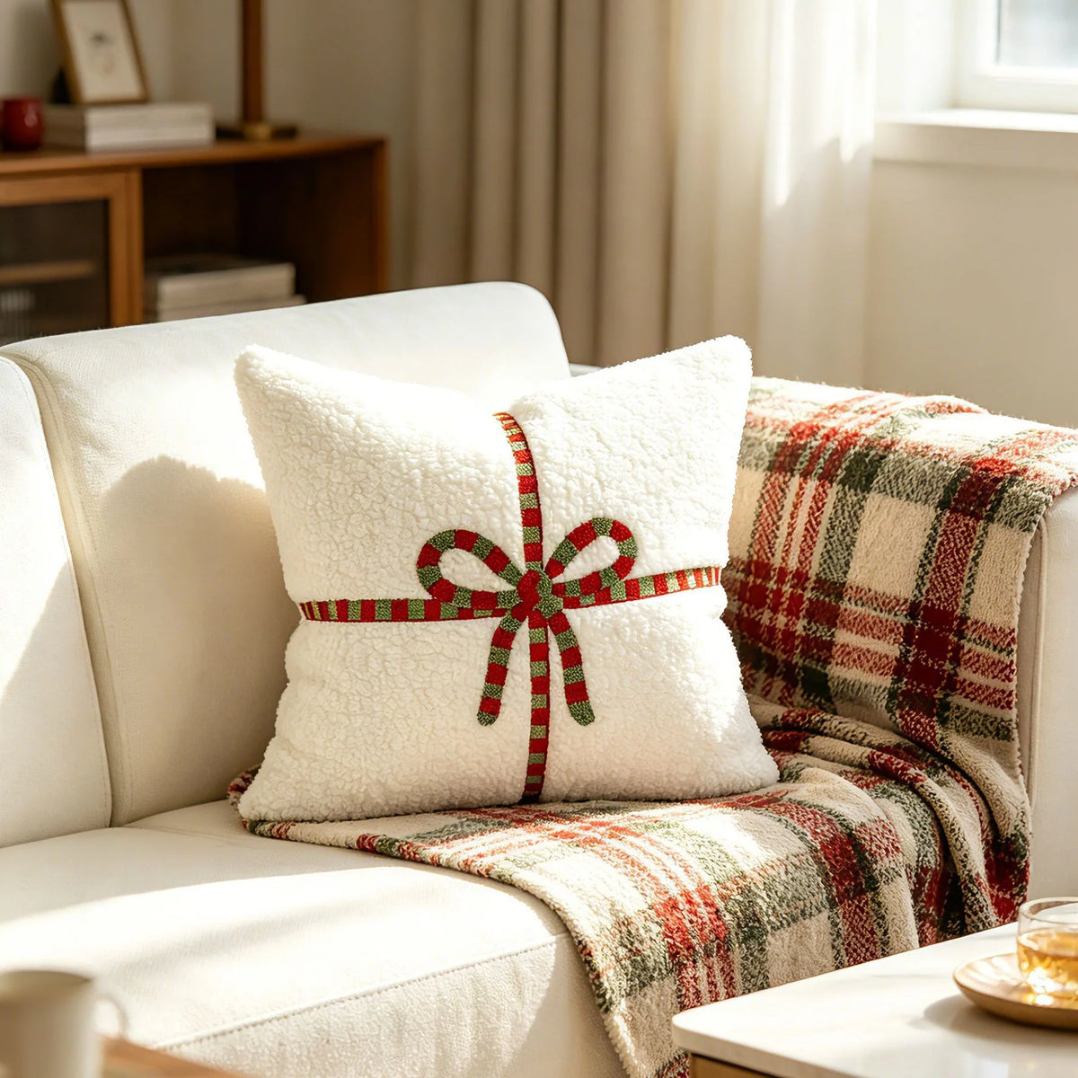 Accent Throw Pillow Sherpa Cover & Embroidered Bow
