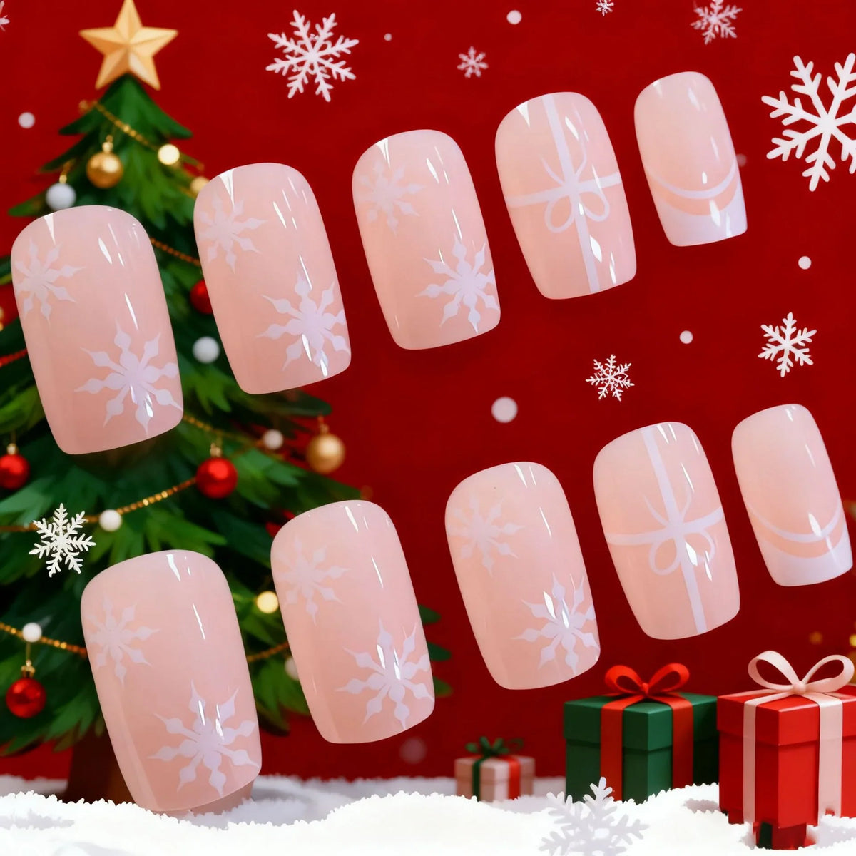 Acrylic Nail Tips Holiday Snowflakes & Ribbons Easy Application