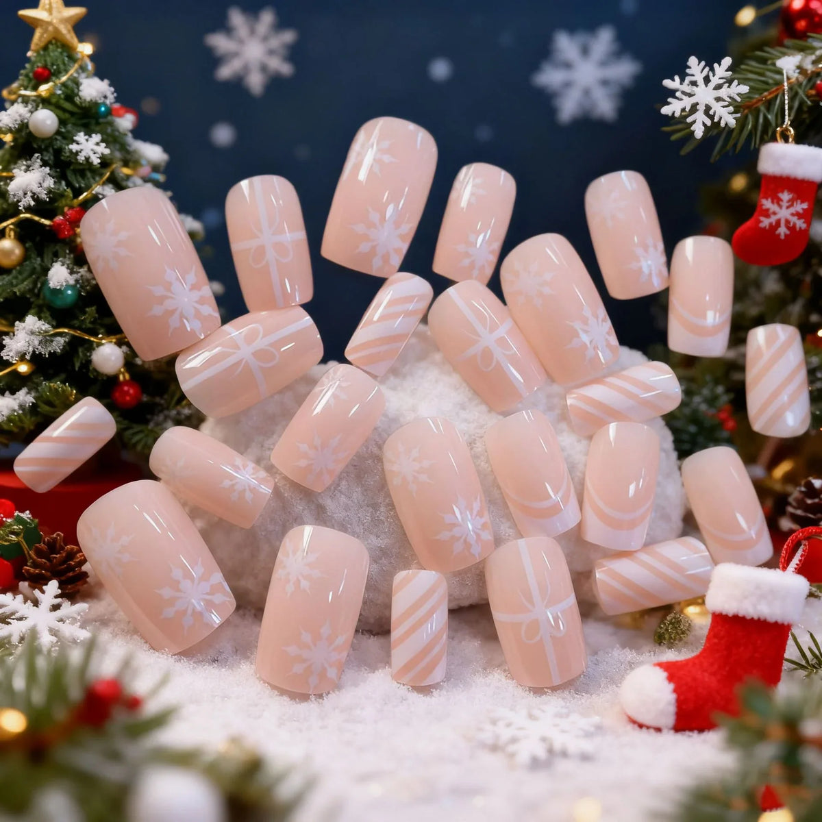 Acrylic Nail Tips Holiday Snowflakes & Ribbons Easy Application