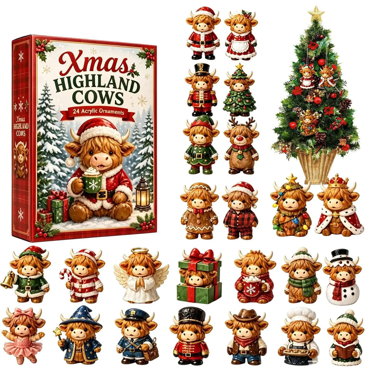 Advent Calendar 24 Cow Ornaments Freestanding or Wall-Mounted