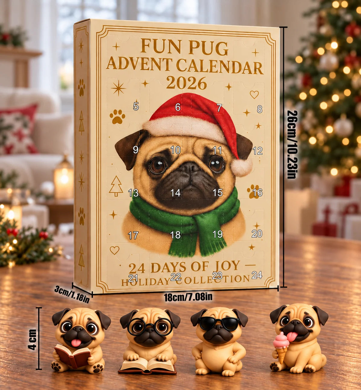 Advent Calendar Pug Figurines 24-Day Countdown