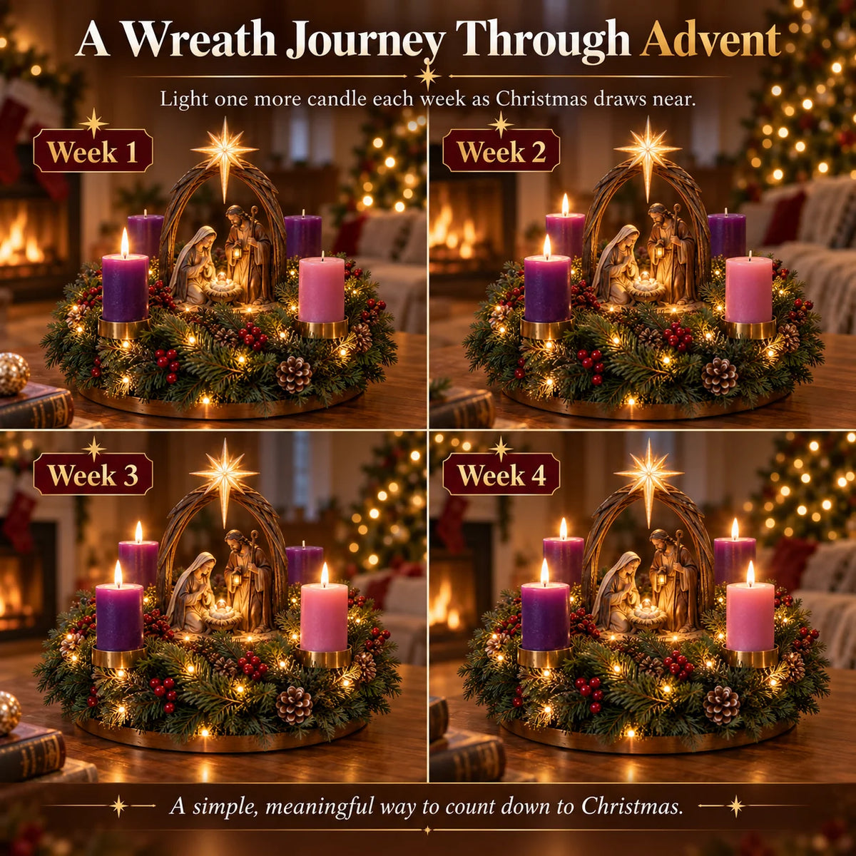 Advent Wreath Lighted Nativity Scene Four Flameless Candles