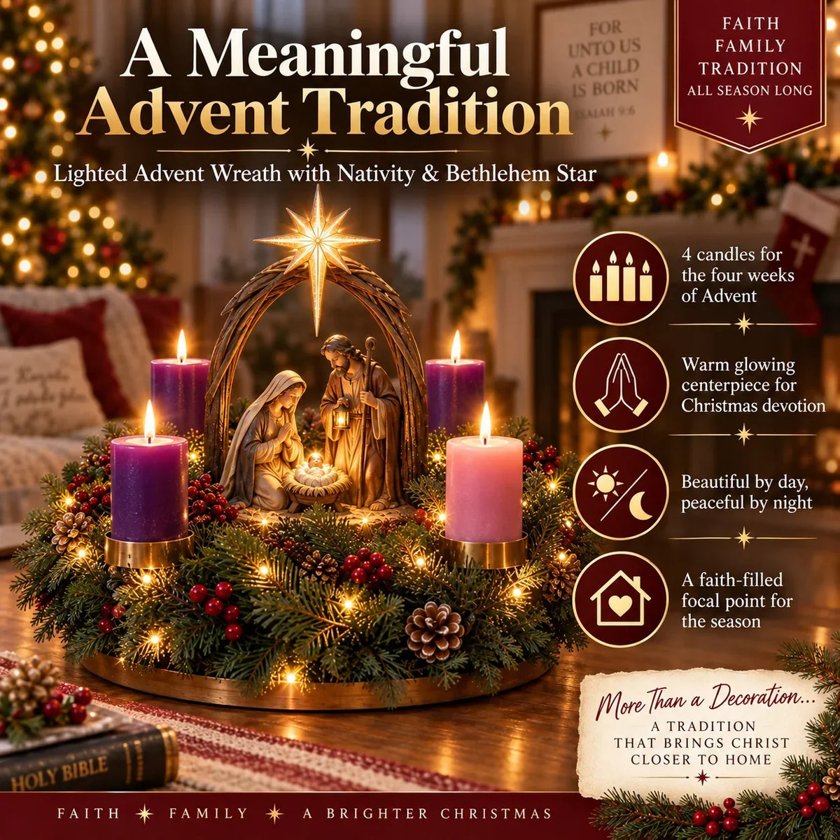 Advent Wreath Nativity Scene Four Flameless LED Candles