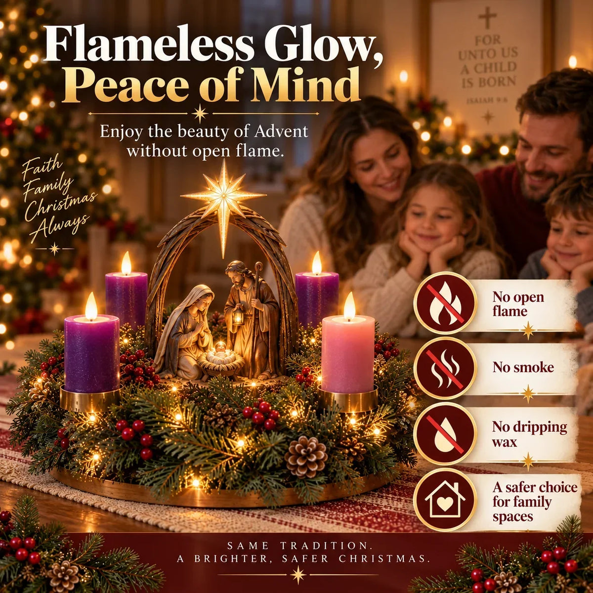 Advent Wreath Nativity Scene Four Flameless LED Candles