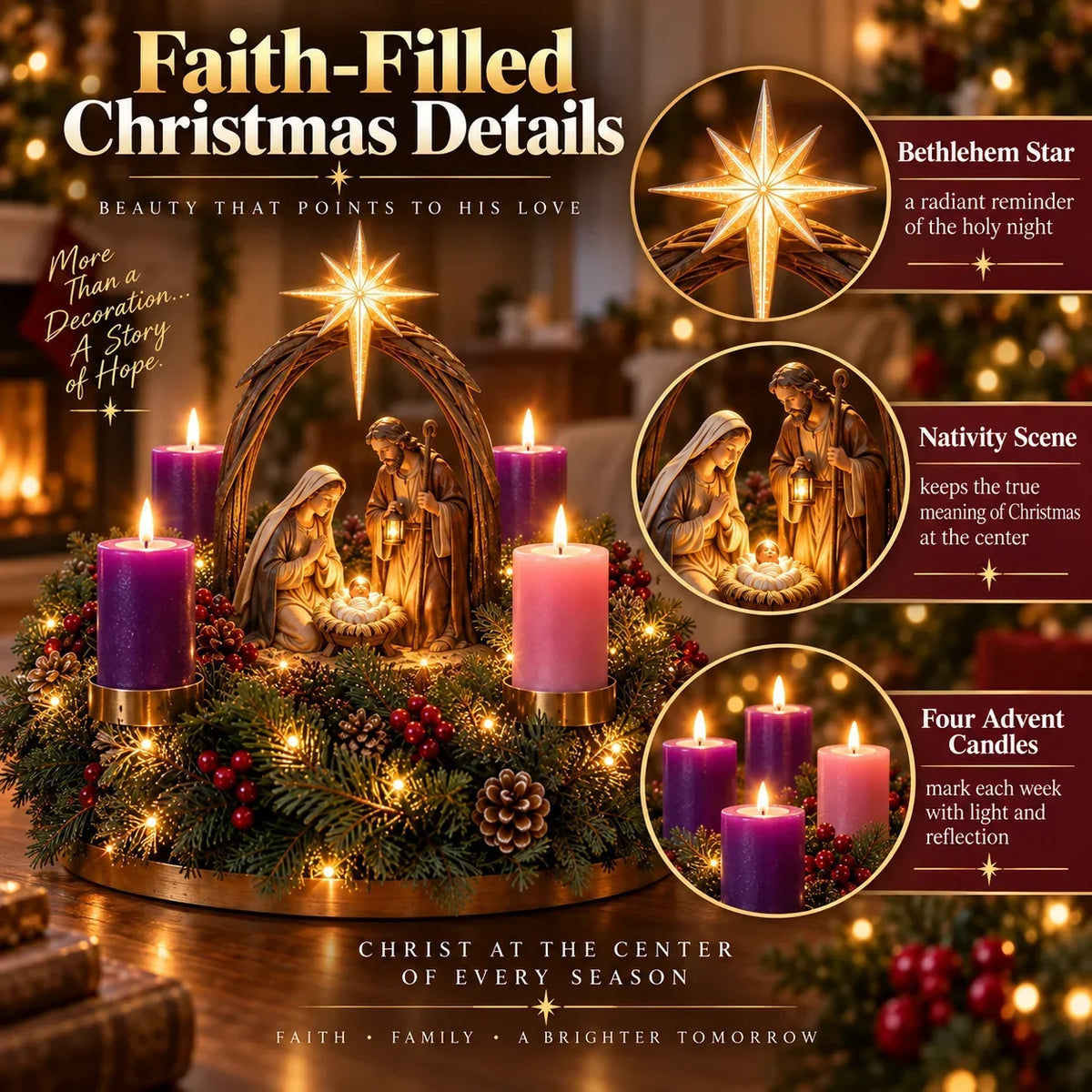 Advent Wreath Nativity Scene Four Flameless LED Candles