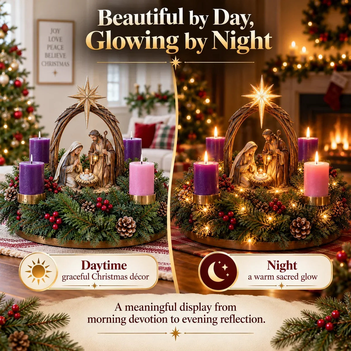 Advent Wreath Nativity Scene Four Flameless LED Candles