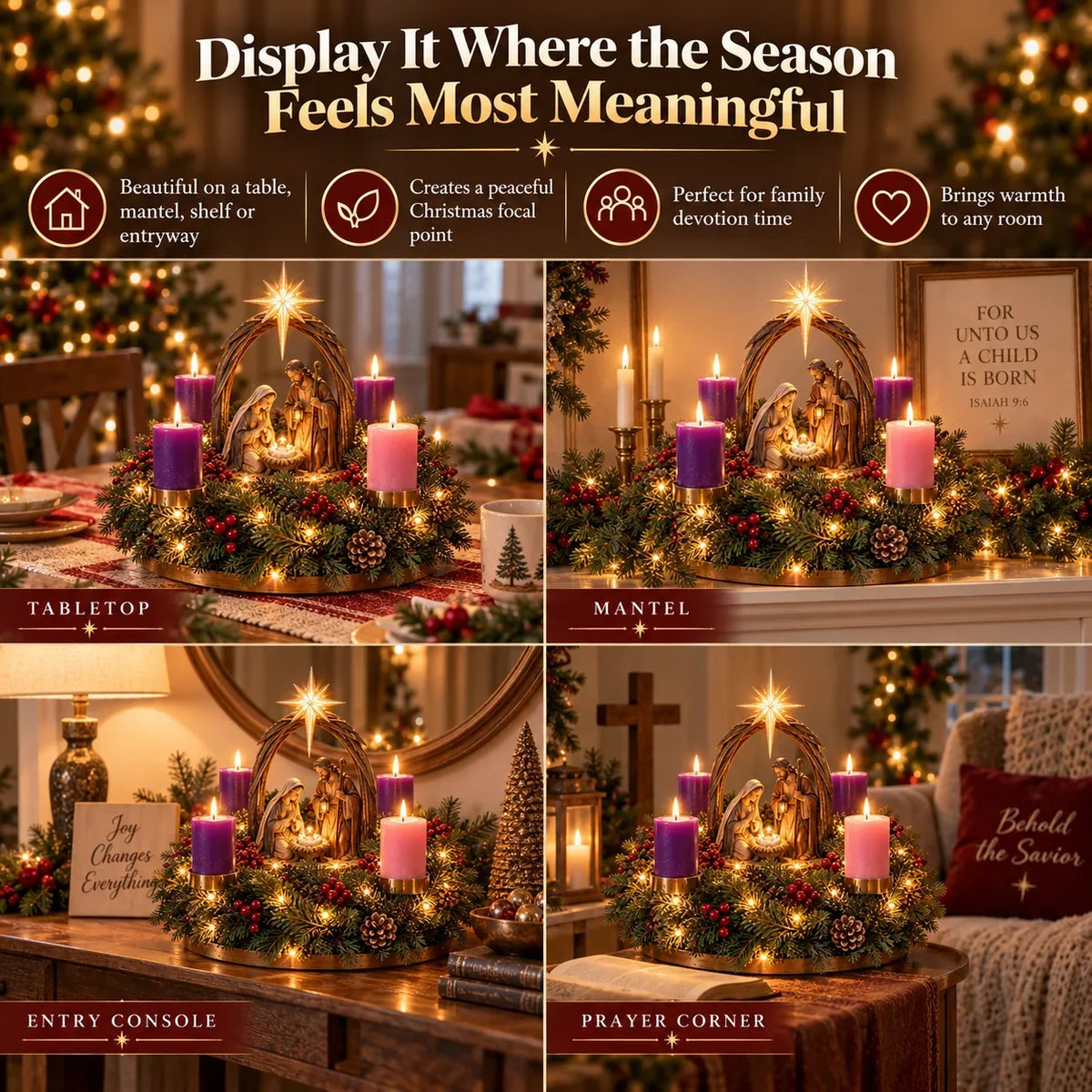 Advent Wreath Nativity Scene Four Flameless LED Candles