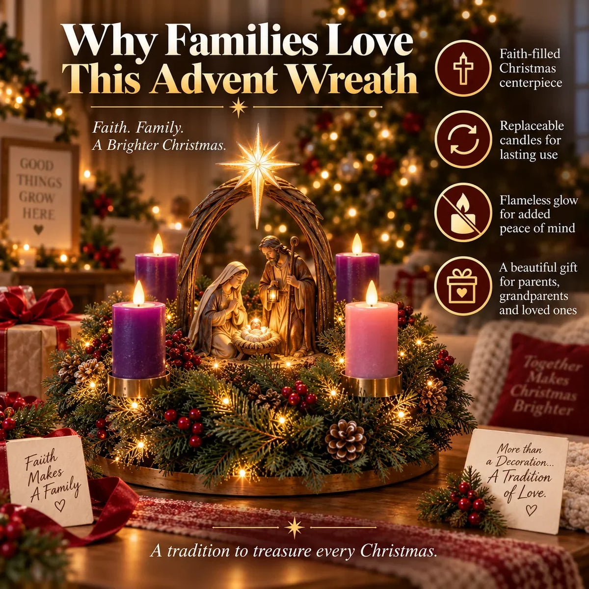 Advent Wreath Nativity Scene Four Flameless LED Candles