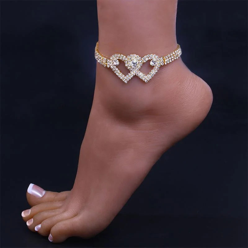 Ankle Bracelet Double Heart Copper Rhinestones Tarnish-Resistant