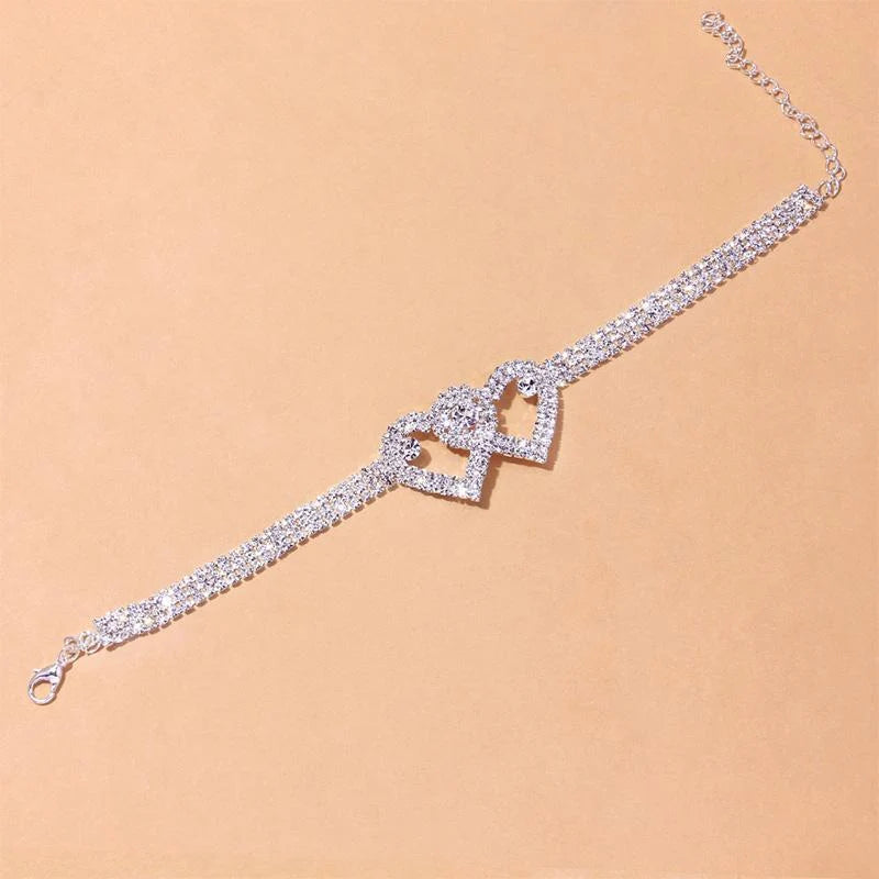 Ankle Bracelet Double Heart Copper Rhinestones Tarnish-Resistant