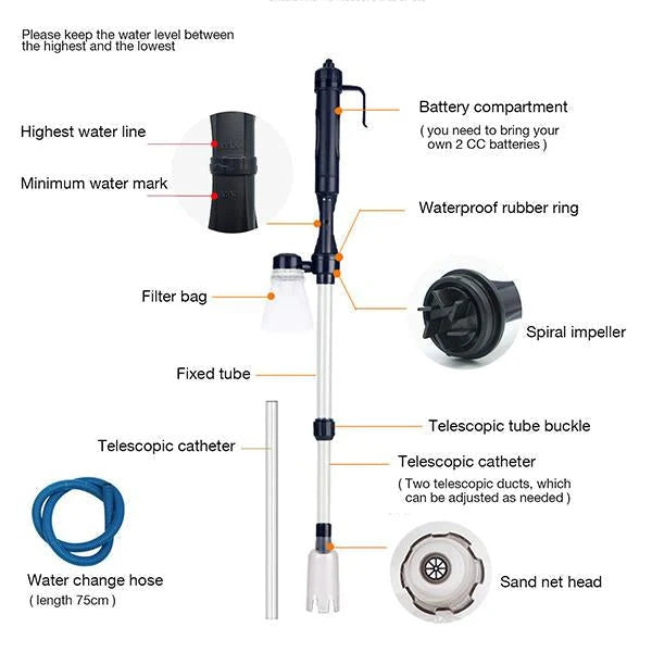 Aquarium Gravel Cleaner Battery-Powered Adjustable Suction Pump
