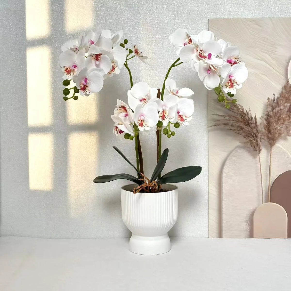 Artificial Orchid Arrangement Realistic Low-Maintenance White Ribbed Pot