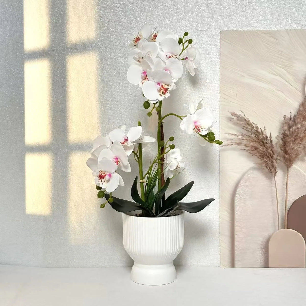 Artificial Orchid Plant Lifelike No Upkeep White Fluted Pot
