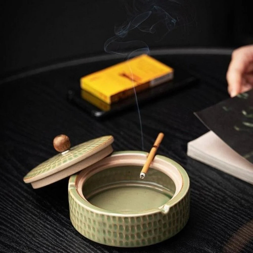 Ashtray Ceramic With Wooden Lid Deep Bowl