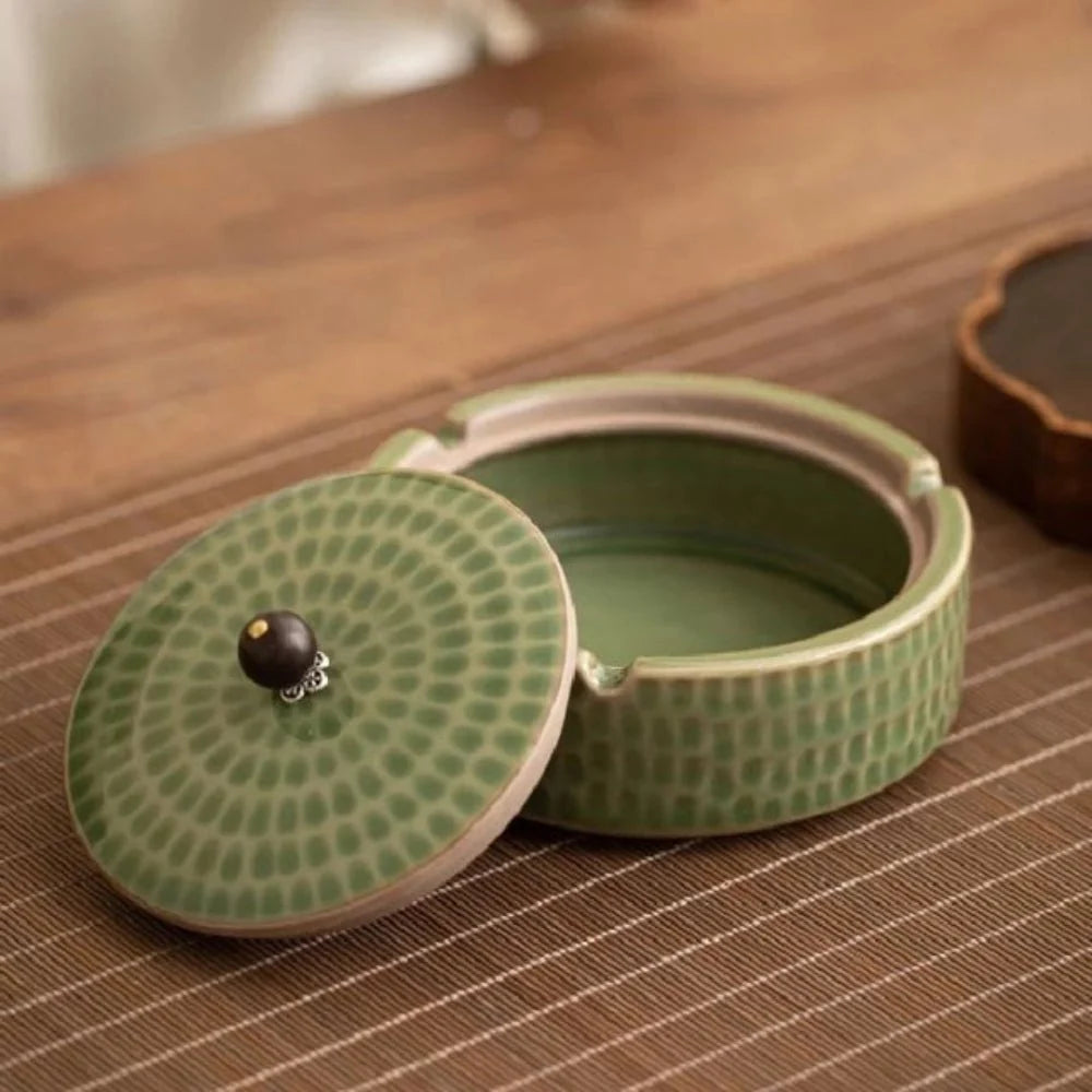 Ashtray Ceramic With Wooden Lid Deep Bowl