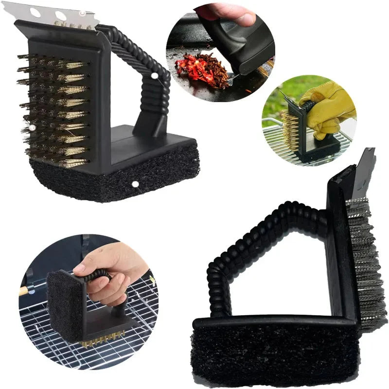 BBQ Grill Brush 3-In-1 Scraper Brass Bristles Anti-Slip Handle