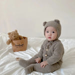 Baby Jumpsuit Plush Bear Print Winter Warmth