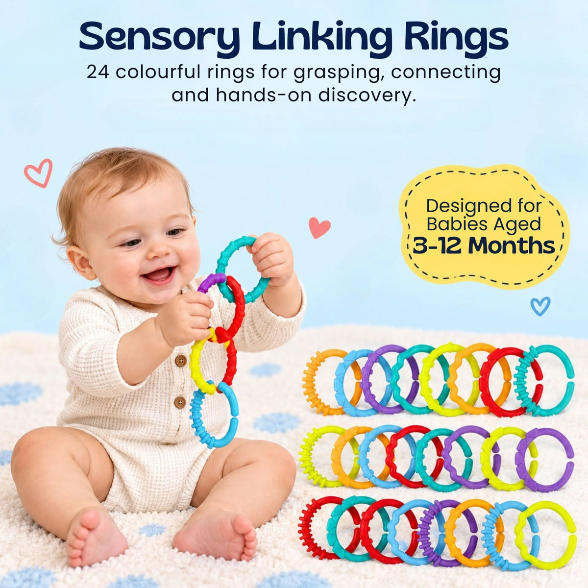Baby Linking Rings Textured Multicolored Set of 24