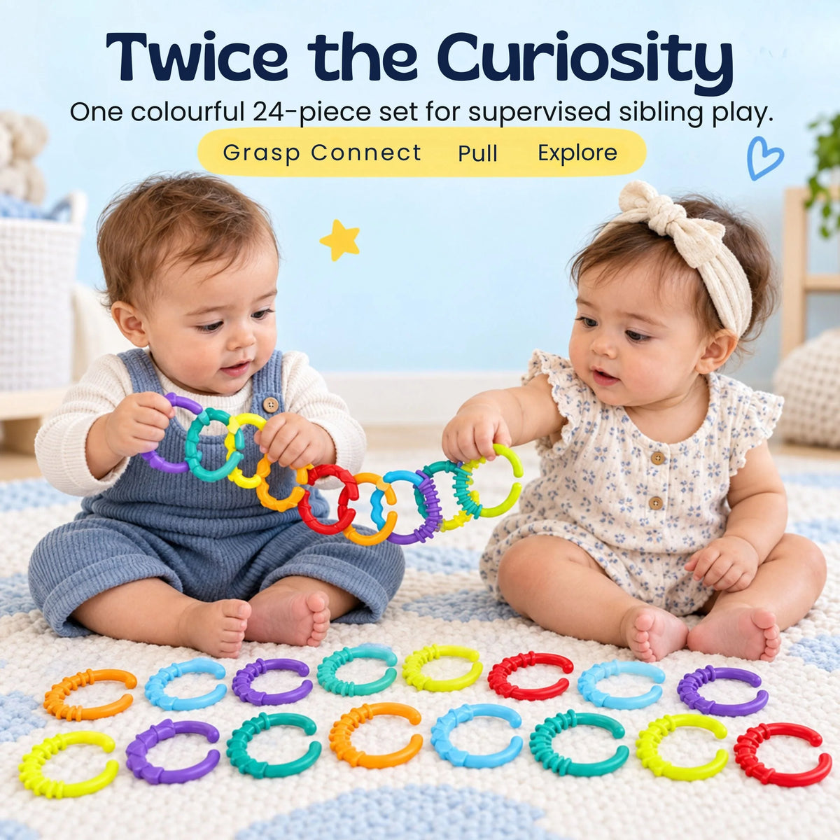 Baby Linking Rings Textured Multicolored Set of 24