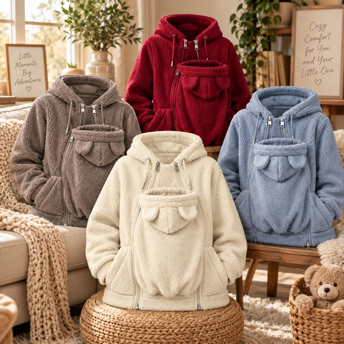 Babywearing Hoodie Plush Fleece Front Pouch Zipper Closure