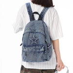 Backpack Denim Star Embroidery Multiple Pockets Padded Straps