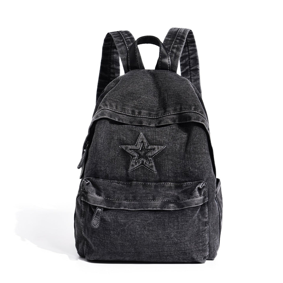 Backpack Denim Star Embroidery Multiple Pockets Padded Straps