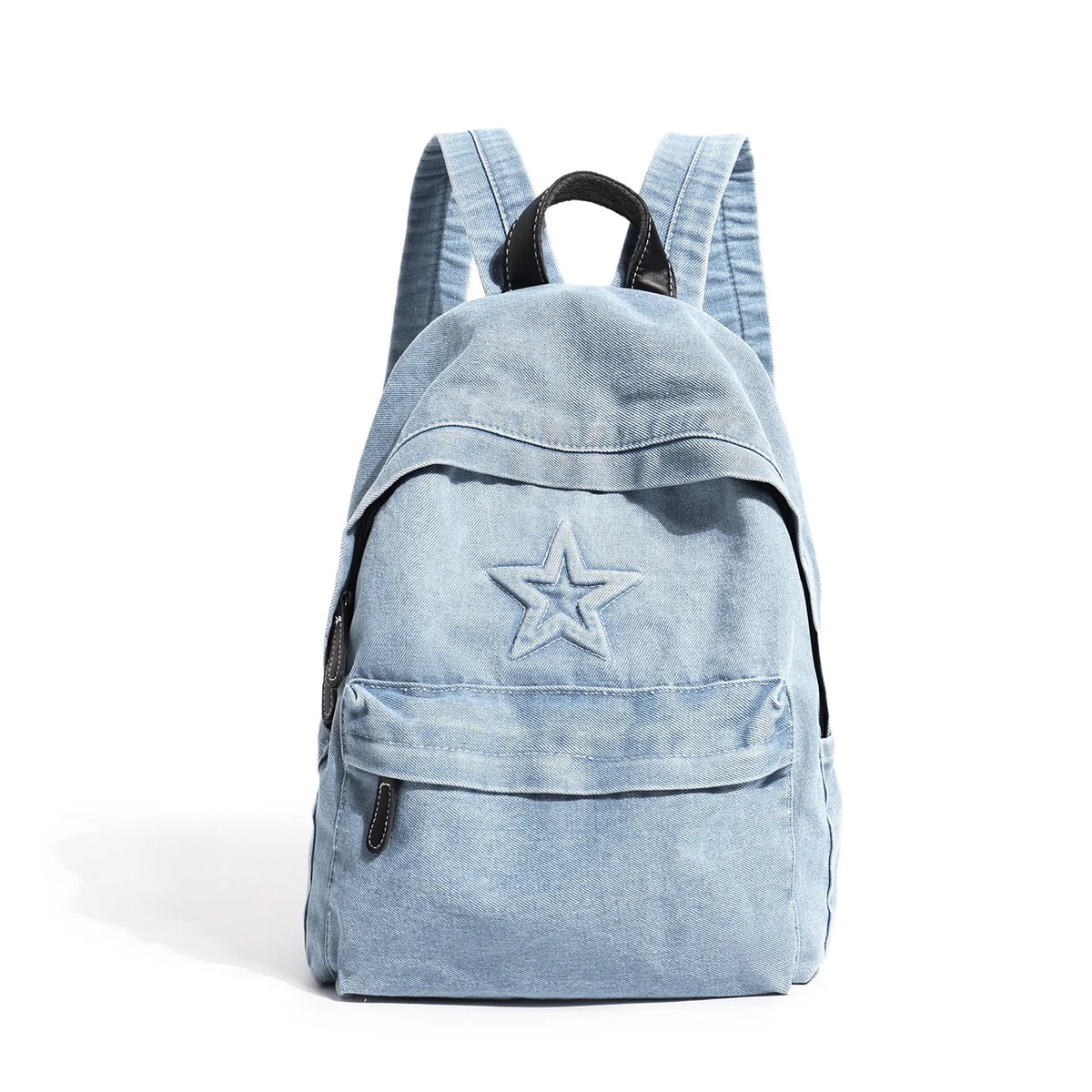 Backpack Denim Star Embroidery Multiple Pockets Padded Straps