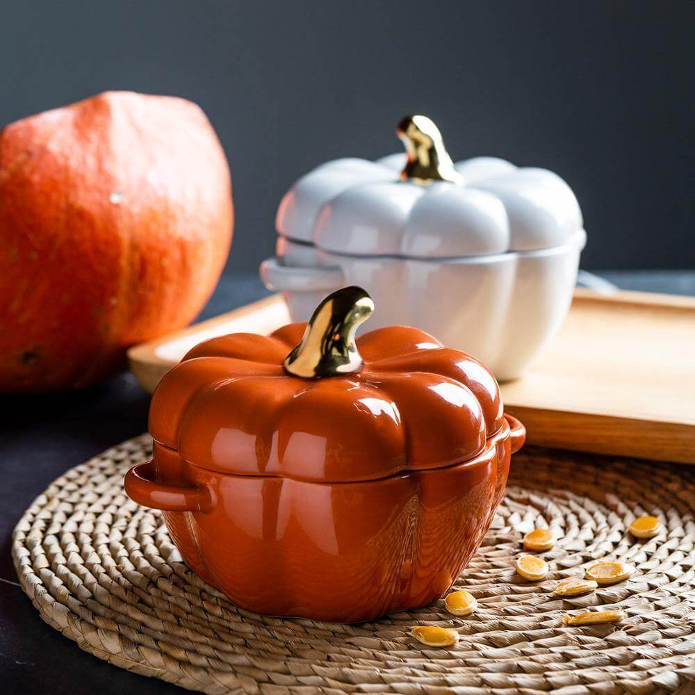 Baking Bowl Pumpkin-Shaped Ceramic With Glazed Lid