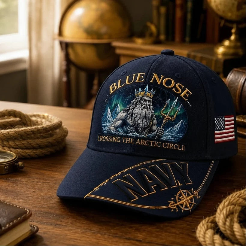 Baseball Cap Navy Blue Adjustable Fit Gold Chain Brim Detail