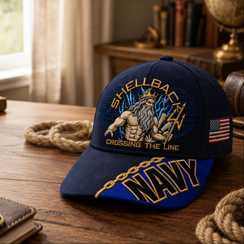 Baseball Cap Navy Blue Adjustable Fit Gold Chain Brim Detail
