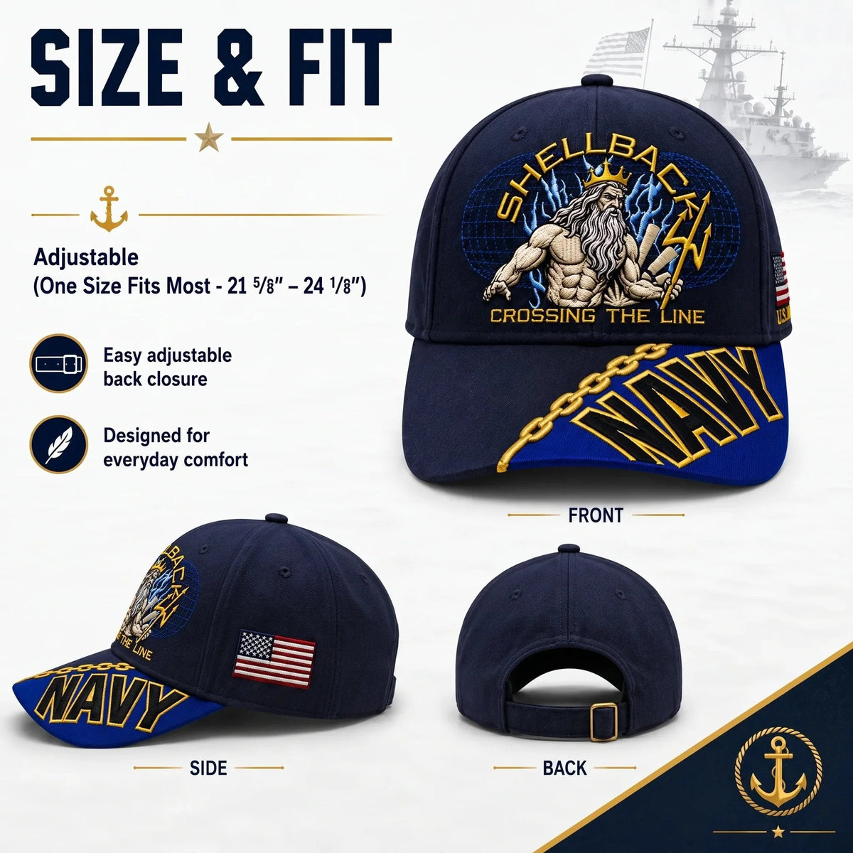 Baseball Cap Navy Blue Adjustable Fit Gold Chain Brim Detail