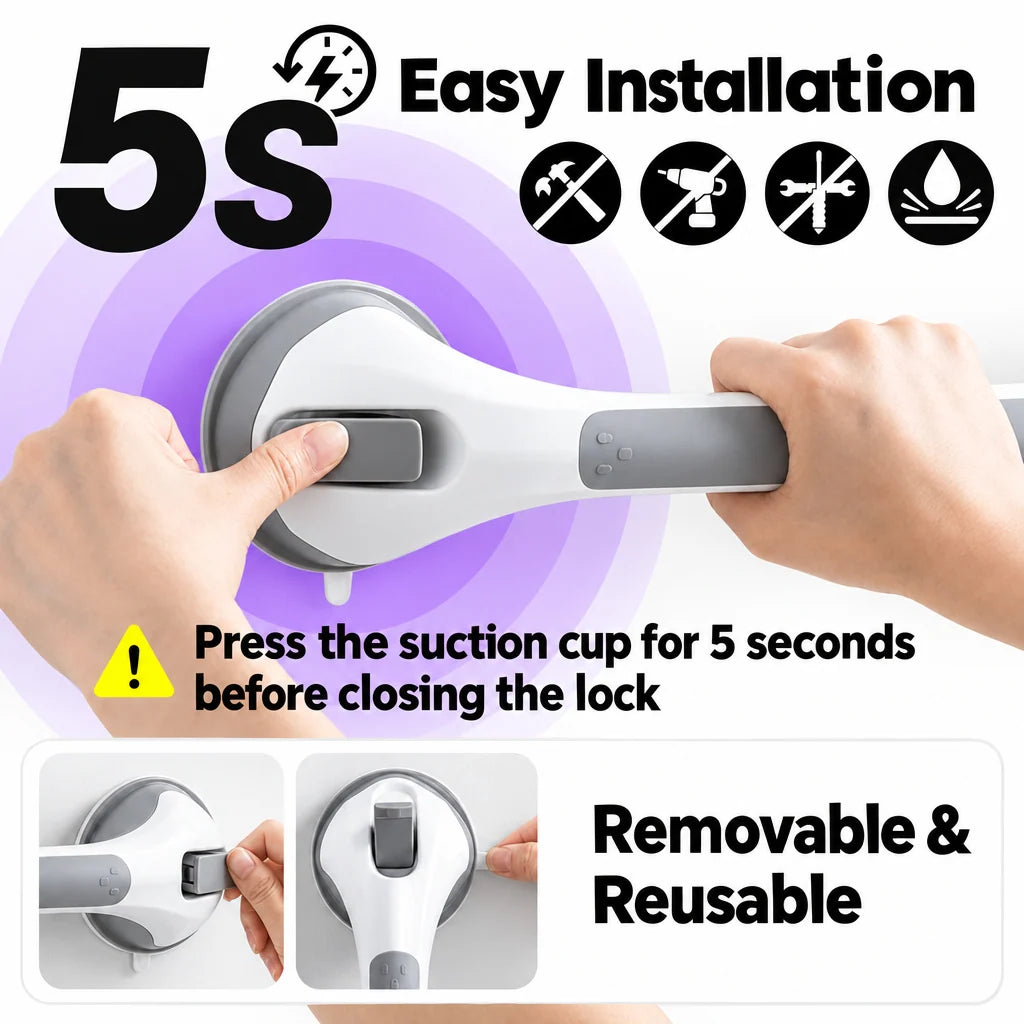 Bathroom Grab Bar Locking Suction Mount No-Drill 15.7-Inch