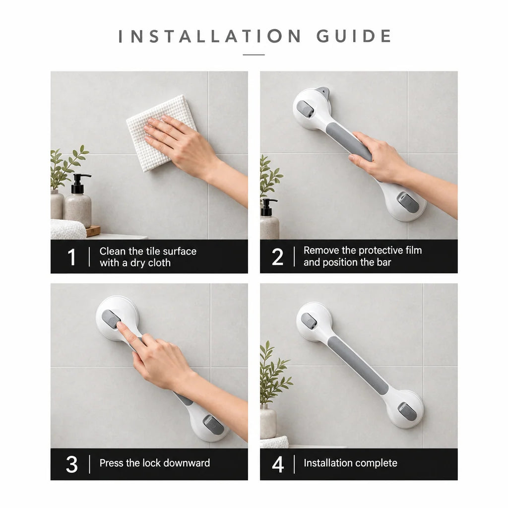 Bathroom Grab Bar Locking Suction Mount No-Drill 15.7-Inch