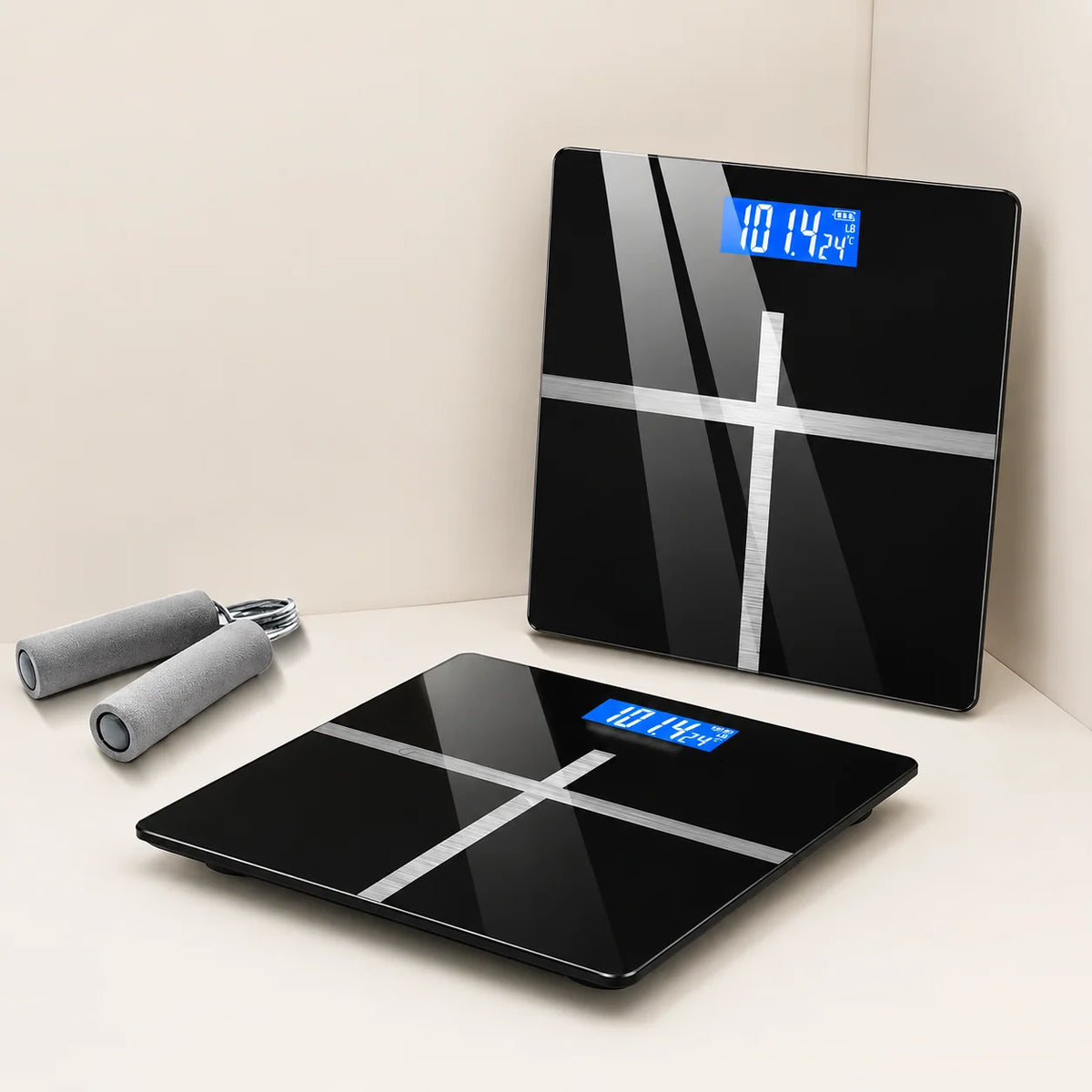 Bathroom Scale Tempered Glass Blue Backlit LCD USB Rechargeable