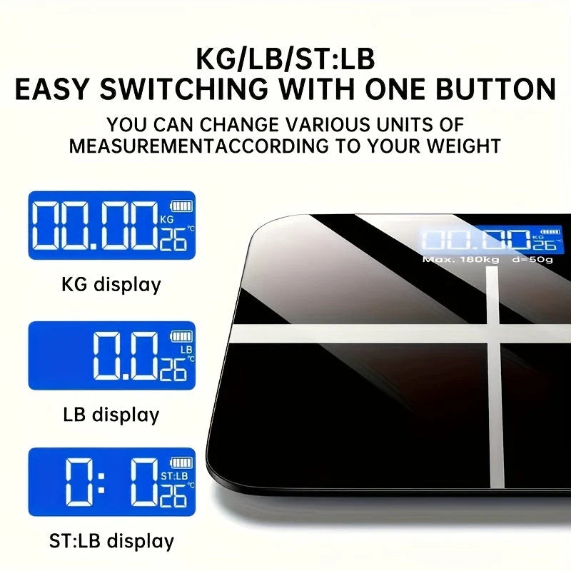 Bathroom Scale Tempered Glass Blue Backlit LCD USB Rechargeable