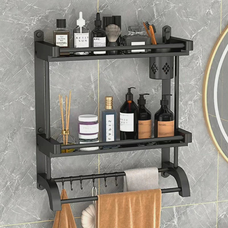 Bathroom Shelf Two-Tier Black Screw-Mounted Storage Rack