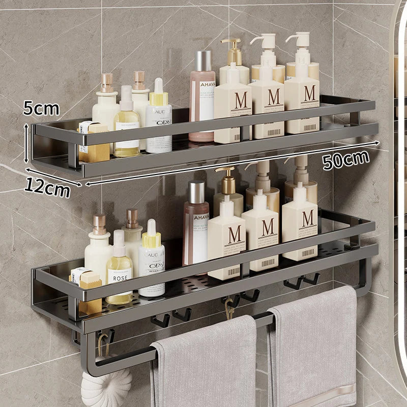 Bathroom Shelf Wall-Mounted Metal With Towel Bar & Hooks
