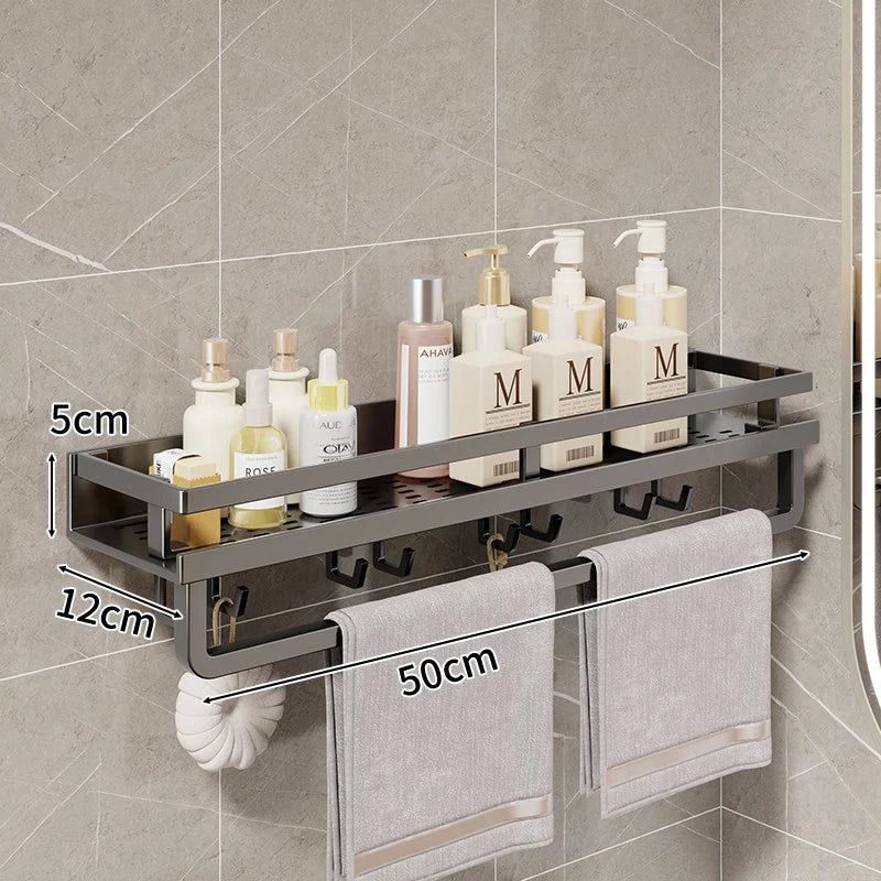 Bathroom Shelf Wall-Mounted Metal With Towel Bar & Hooks
